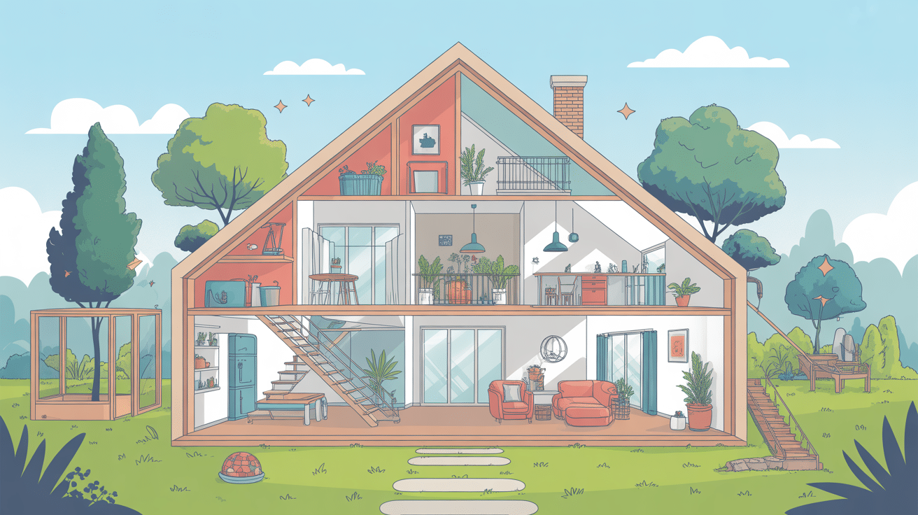 représentation globale d'une maison et extérieur aménageable