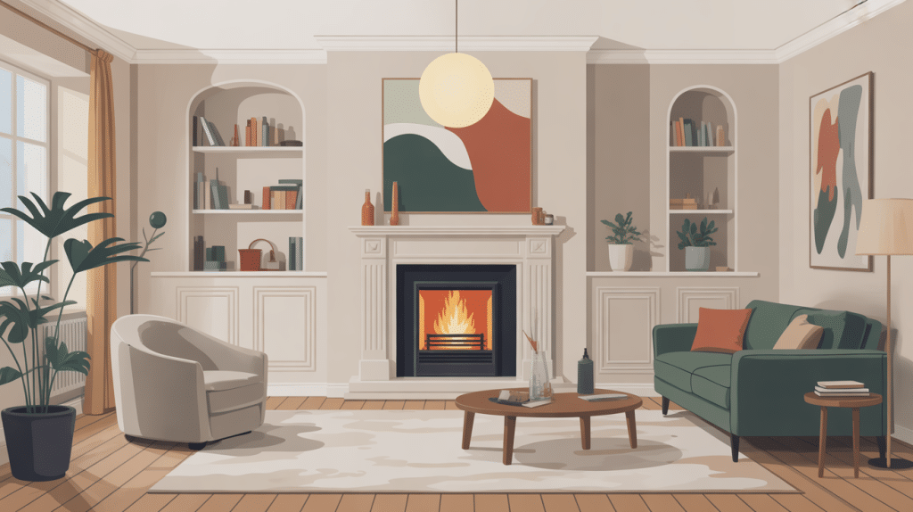 Illustration cheminée peinte moderne, rénovation salon contemporain