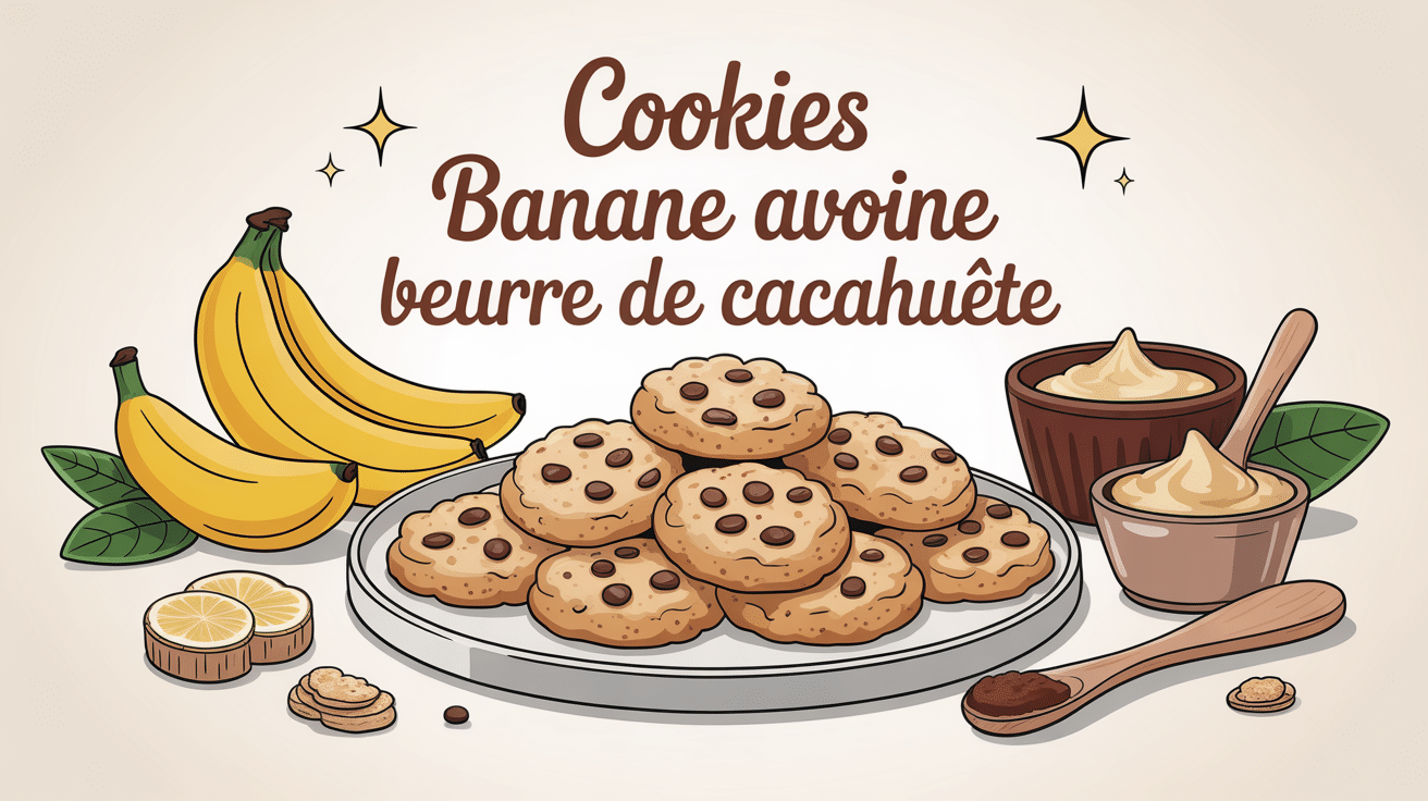 illustration plateau cookies banane avoine beurre de cacahuète ambiance saine