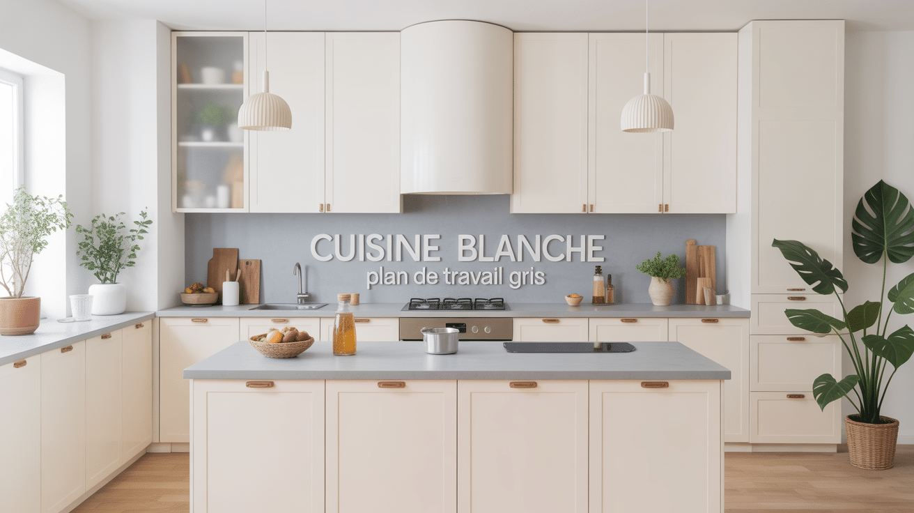 Cuisine blanche plan de travail gris ambiance contemporaine