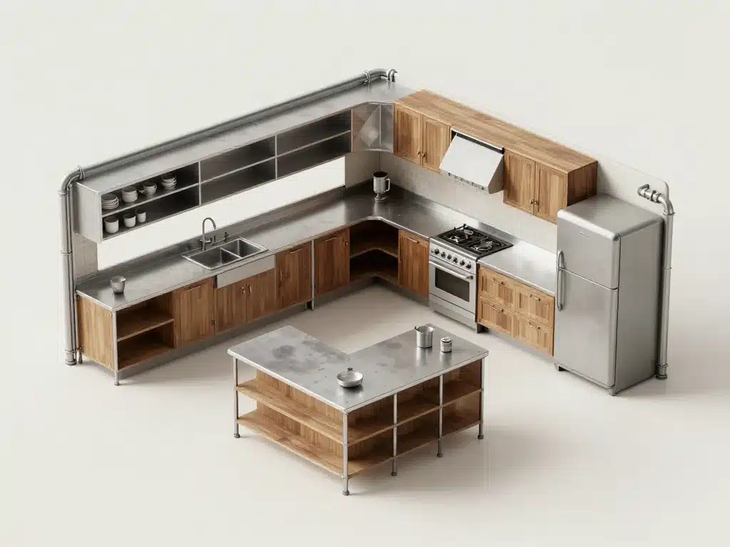 Plan ergonomique cuisine style industriel vintage avec îlot central et rangements