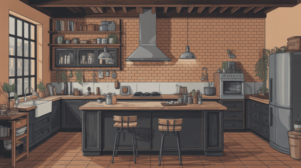 Cuisine style industriel vintage avec îlot central métal bois, murs brique, déco rétro