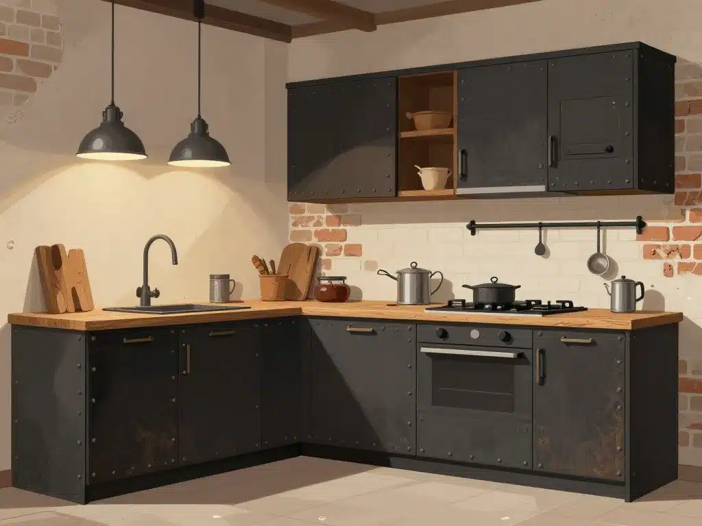 Scène cuisine style industriel vintage bois métal brique ambiance chaleureuse