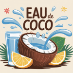 Illustration eau de coco recette avec noix de coco et fruits tropicaux