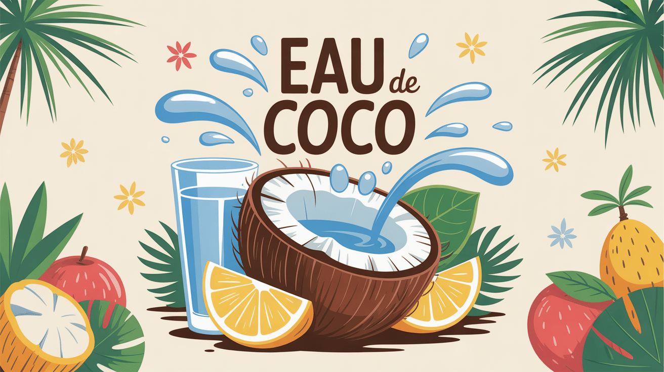 Illustration eau de coco recette avec noix de coco et fruits tropicaux