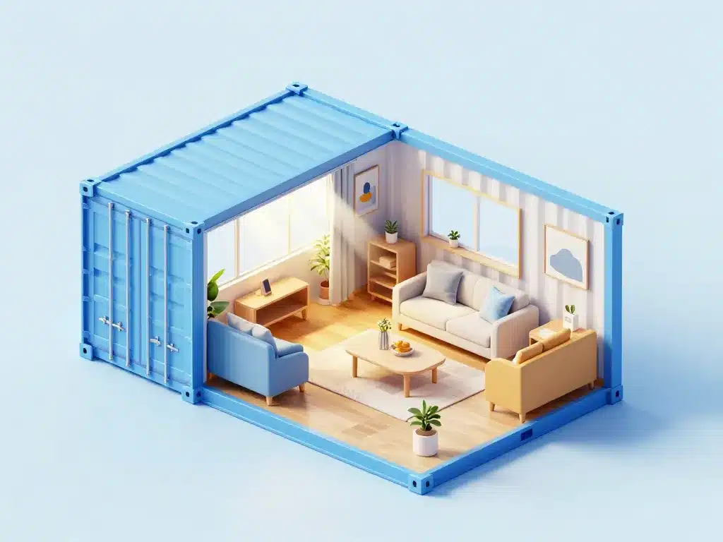 intérieur maison container optimisé avec mobilier modulable et lumière naturelle