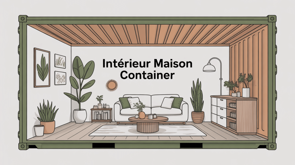 intérieur maison container chaleureux avec matériaux naturels et déco contemporaine