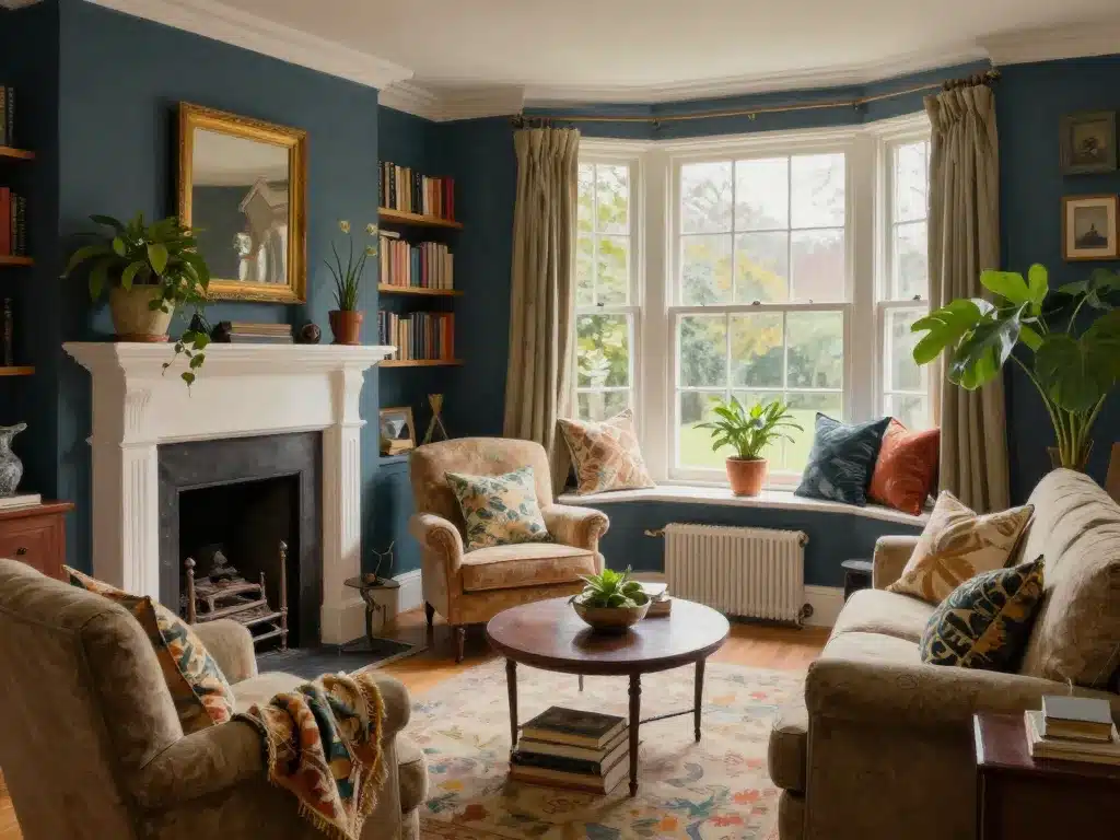 maison anglaise typique salon cheminée bay-window