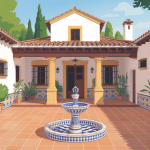 Illustration façade blanche patio fontaine maison typique espagnole