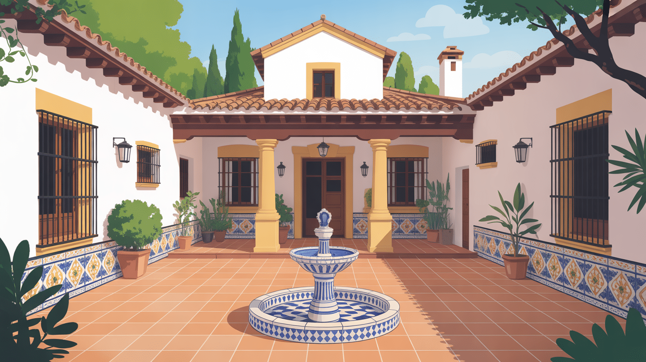Illustration façade blanche patio fontaine maison typique espagnole