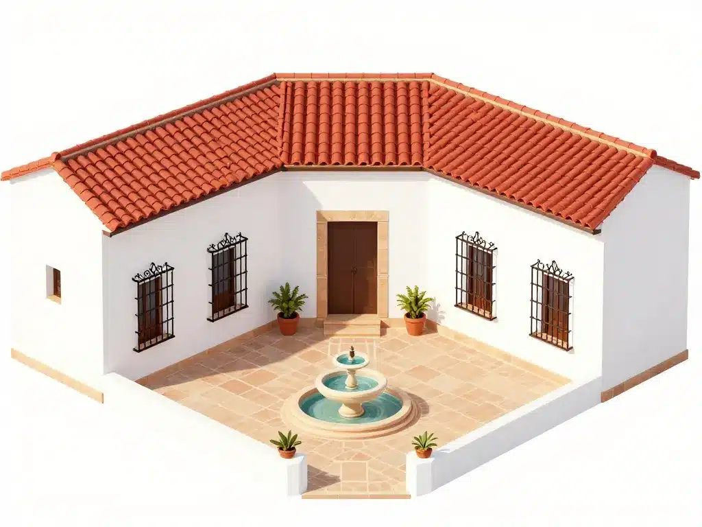 Diagramme conceptuel maison typique espagnole toiture patio azulejos