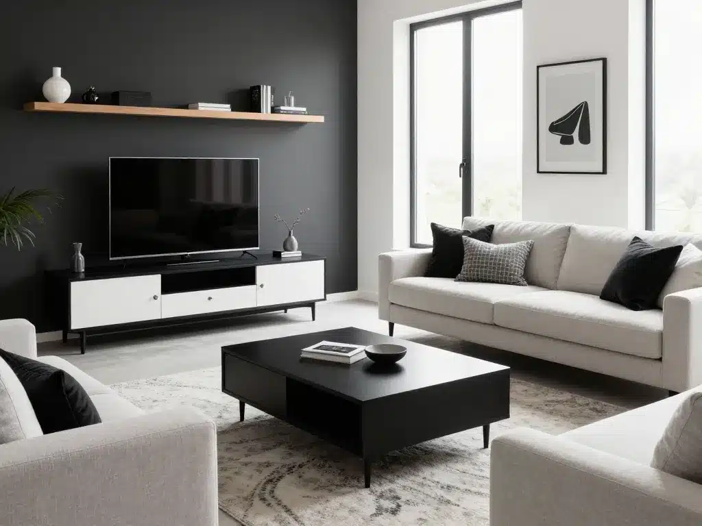 scène salon noir et blanc meubles modernes équilibrés