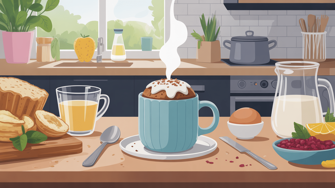 mug cake sans sucre posé sur table avec ingrédients sains