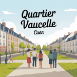 Vue stylisée du quartier Vaucelle Caen avec habitants et immeubles