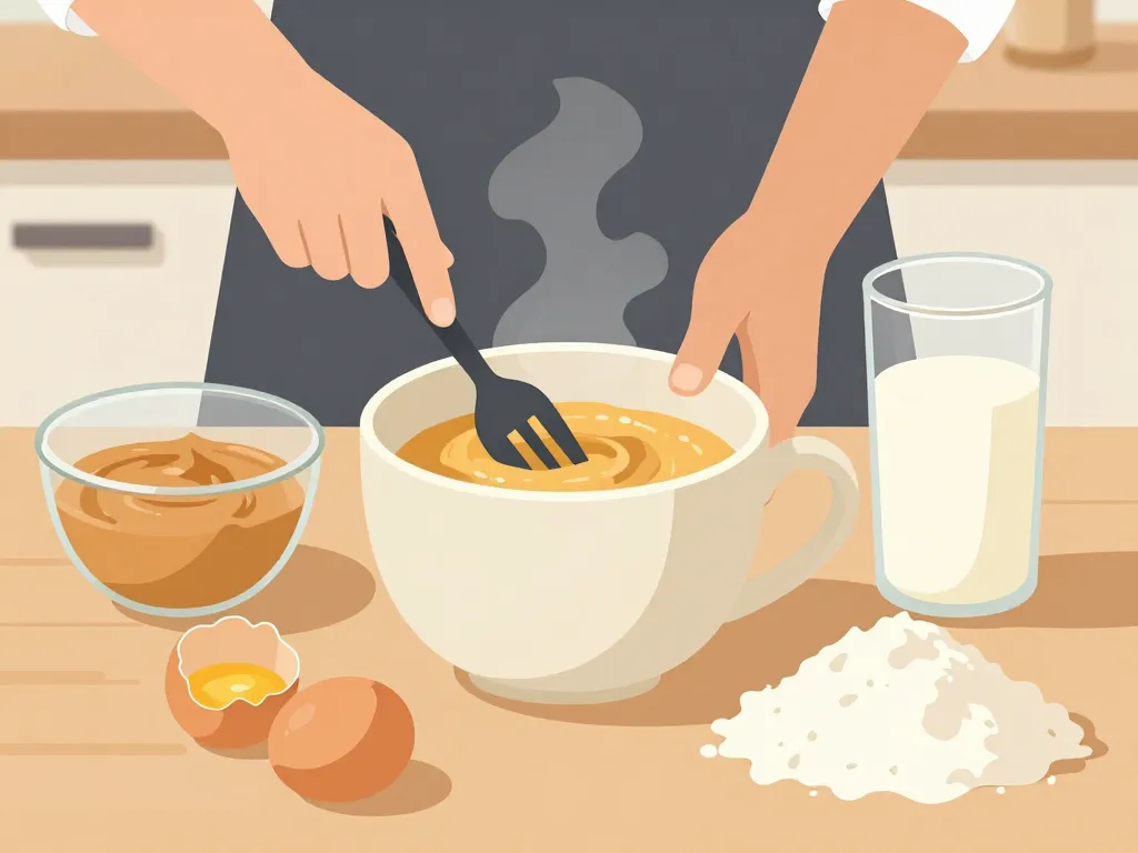 Préparation mug cake beurre de cacahuete dans la cuisine