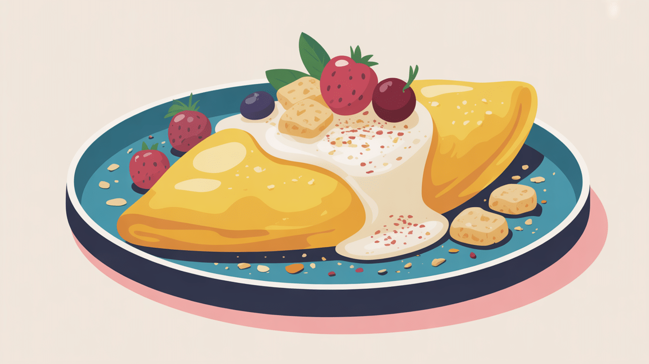 recette omelette sucrée healthy avec fruits et toppings sur table petit-déjeuner
