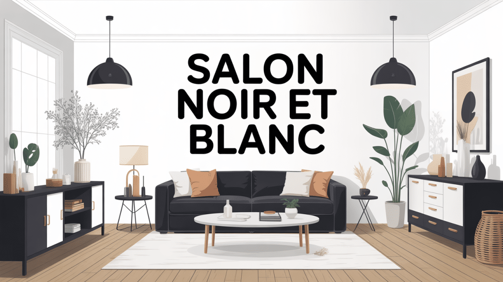 illustration salon noir et blanc moderne épuré
