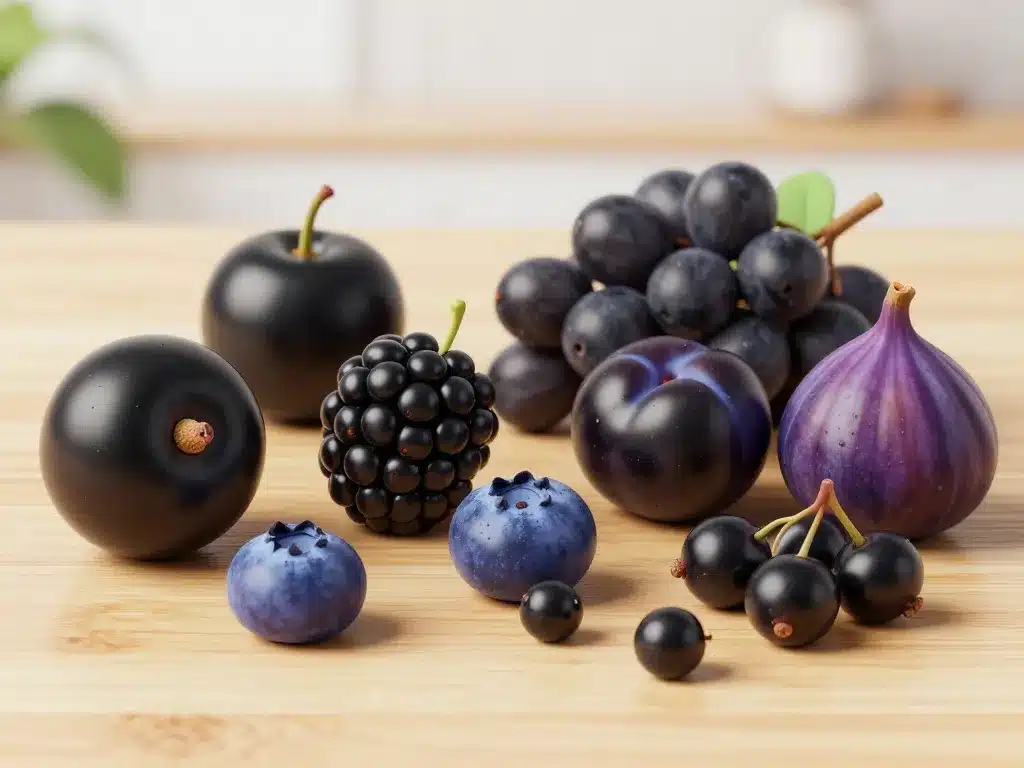 Fruits noir variés sur table en nature morte