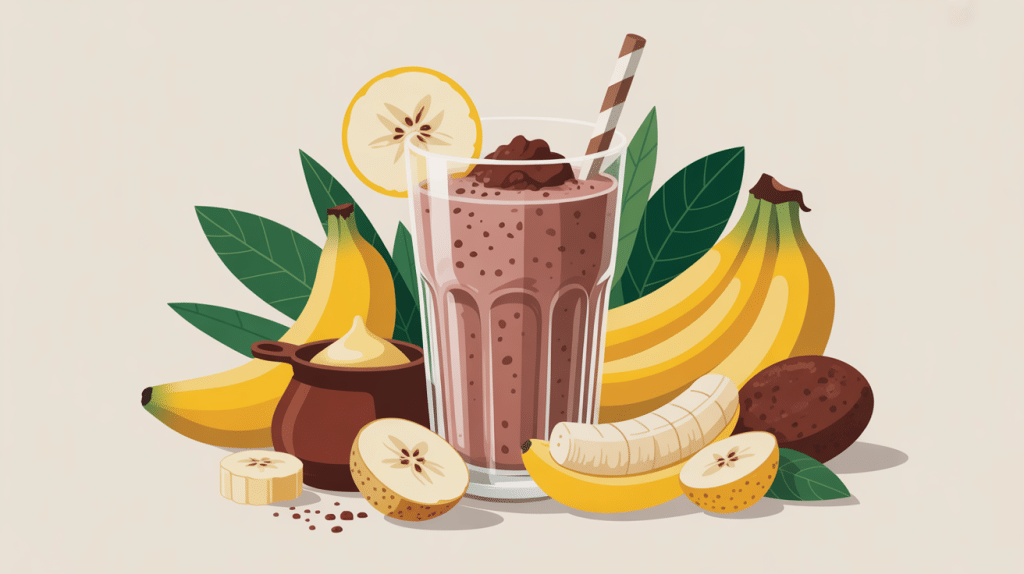 Illustration smoothie banane beurre de cacahuete verre et ingrédients