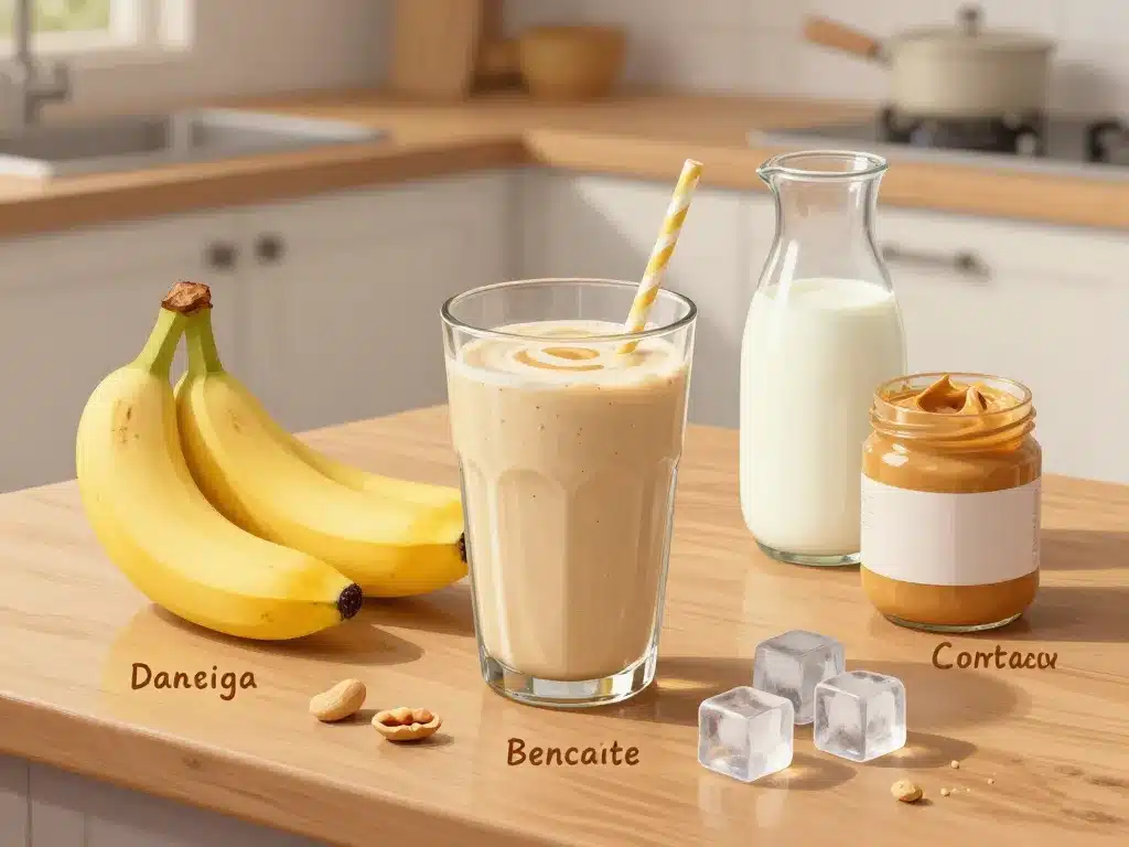 smoothie banane beurre de cacahuete ingrédients sur table