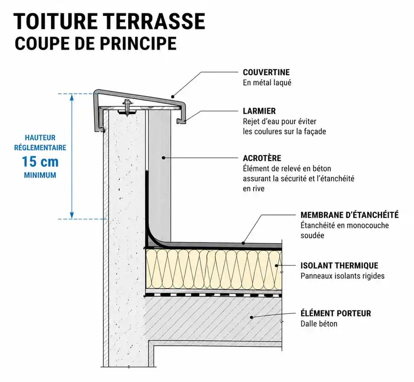 Schéma technique d'un acrotère de toiture terrasse avec hauteur réglementaire de 15 cm