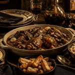 accompagnement coq au vin avec purée, spätzle et légumes
