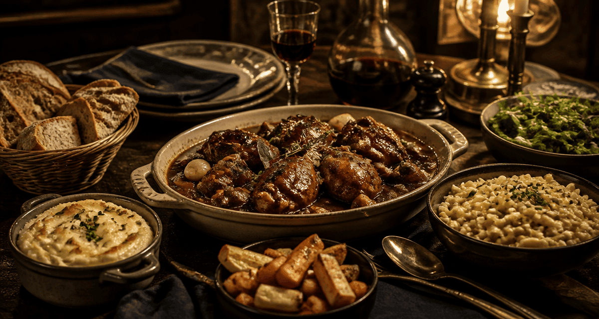 accompagnement coq au vin avec purée, spätzle et légumes
