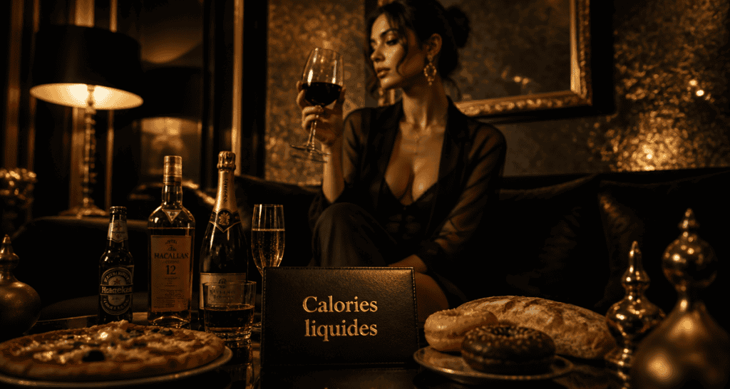 alcool et prise de poids, verre de vin et aliments caloriques