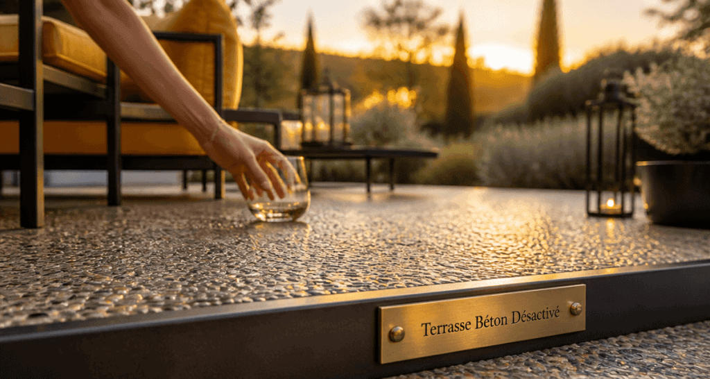 béton desactivé terrasse avec granulats et mobilier