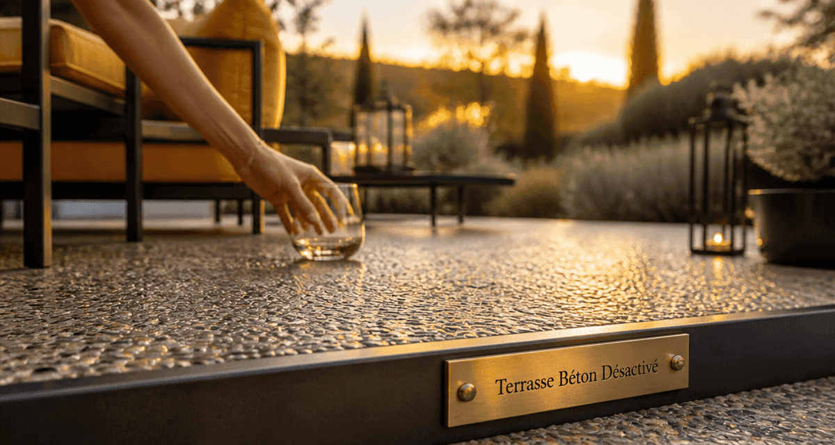 béton desactivé terrasse avec granulats et mobilier
