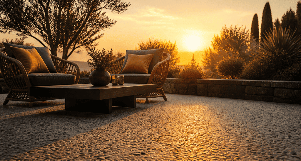 beton lavé terrasse grains galets dorés