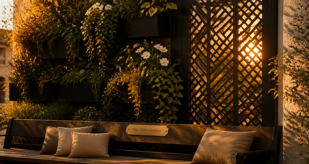 cache mur extérieur avec jardinières et panneau métal design
