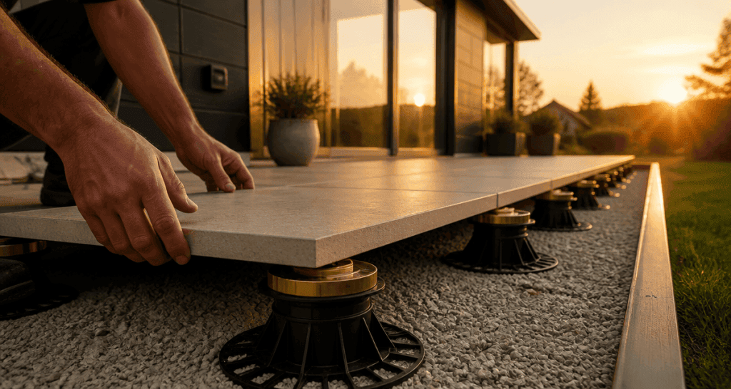 carreler sur plot terrasse en cours de pose