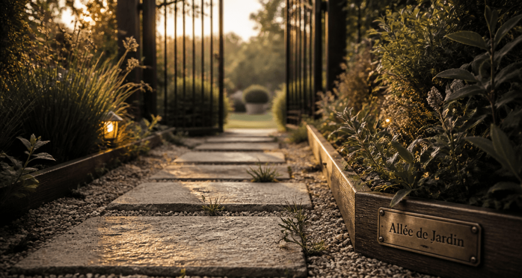 dalle allee de jardin sur gravier avec bordure bois