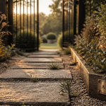 dalle allee de jardin sur gravier avec bordure bois