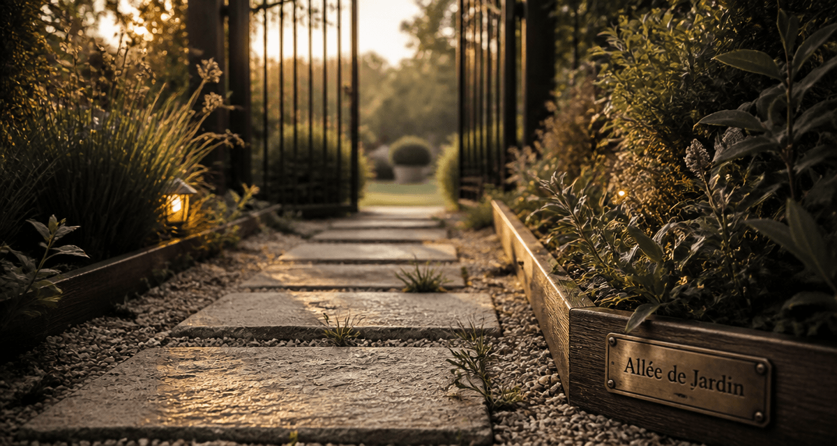 dalle allee de jardin sur gravier avec bordure bois
