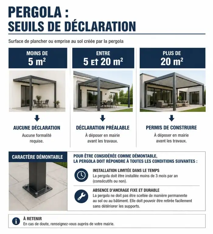Infographie des règles d'urbanisme et seuils de déclaration pour une pergola démontable sans autorisation
