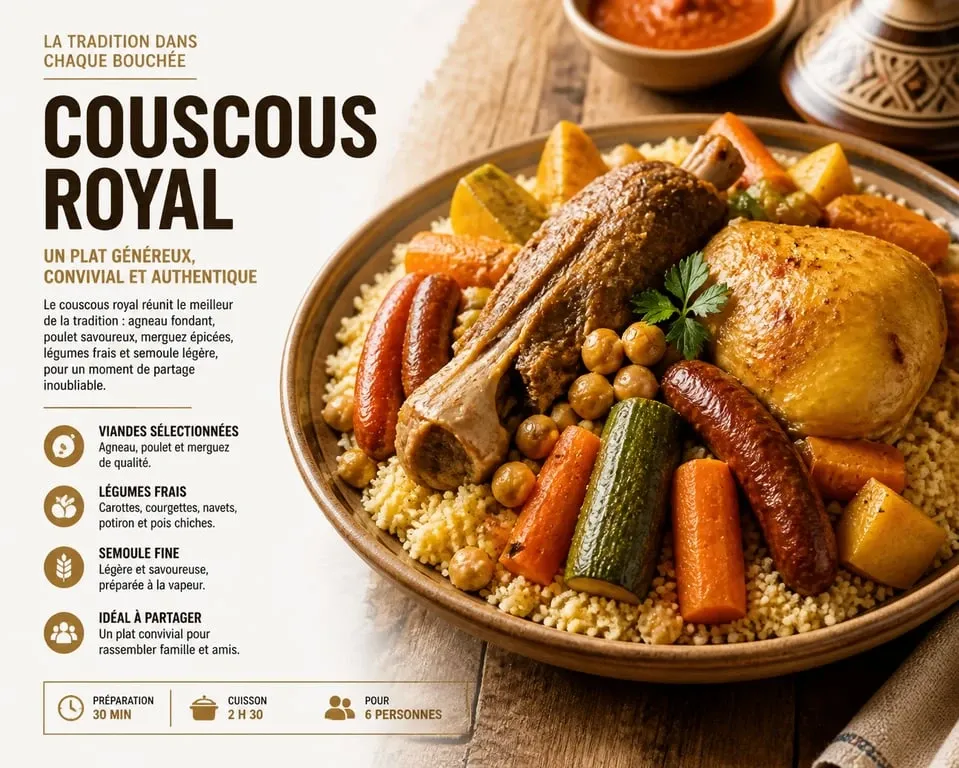 Couscous royal traditionnel, un plat emblématique souvent proposé dans les restaurants halal à Courbevoie