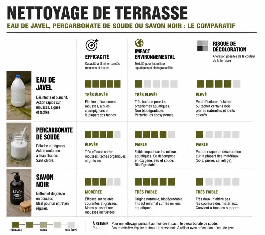 Infographie comparative des méthodes de nettoyage pour dalles de terrasse : javel, percarbonate et savon noir