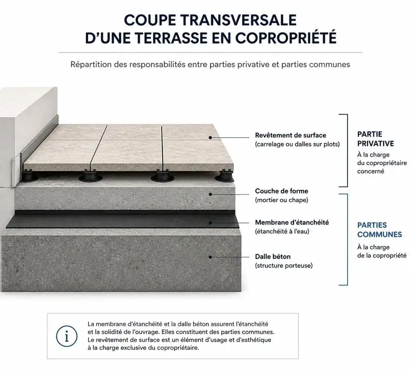Schéma explicatif de la répartition des responsabilités pour l'étanchéité d'une terrasse privative en copropriété