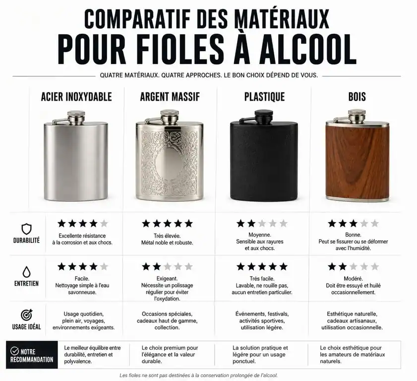 Comparatif des matériaux pour choisir sa fiole à alcool : acier, argent, plastique et bois