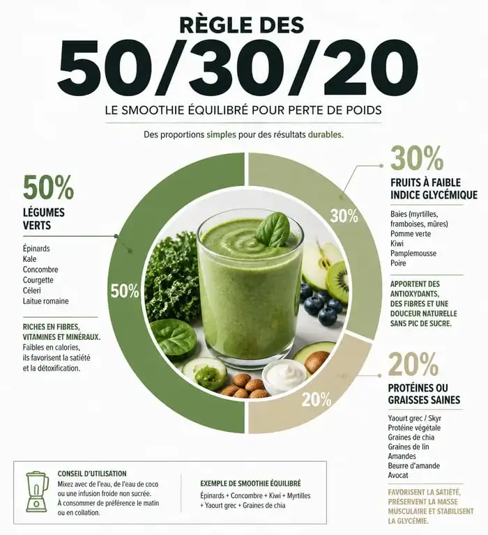 Infographie composition idéale smoothie perte de poids 50/30/20