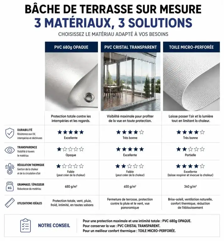 Comparatif des matériaux pour bâche terrasse sur mesure : PVC, Cristal et micro-perforé