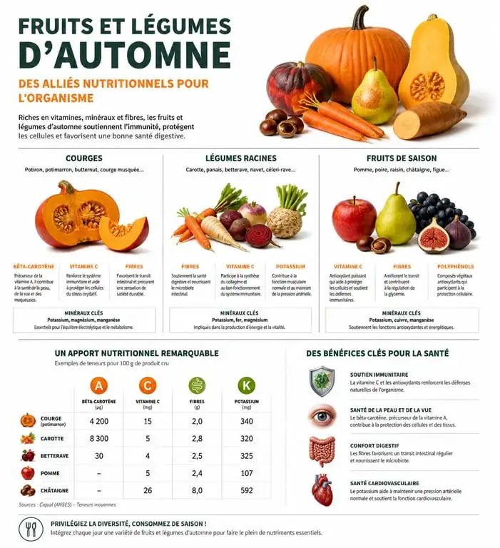 Infographie des bienfaits nutritionnels des fruits et légumes d'automne