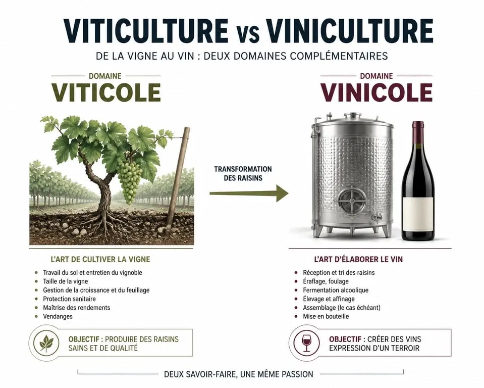 Infographie comparative illustrant la différence entre les termes viticole et vinicole dans la filière du vin.