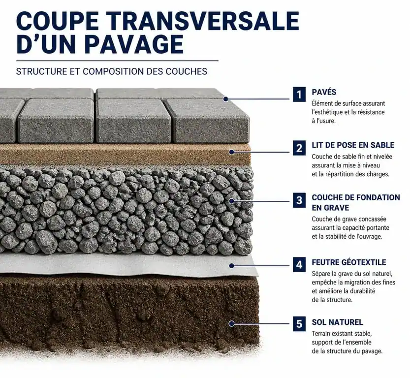 Schéma technique des couches de pose de pavage : fondation, sable et pavés
