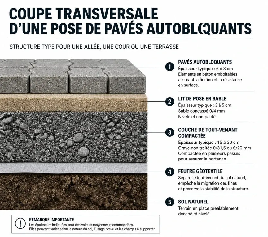 Schéma en coupe des étapes de pose de pavés autobloquants