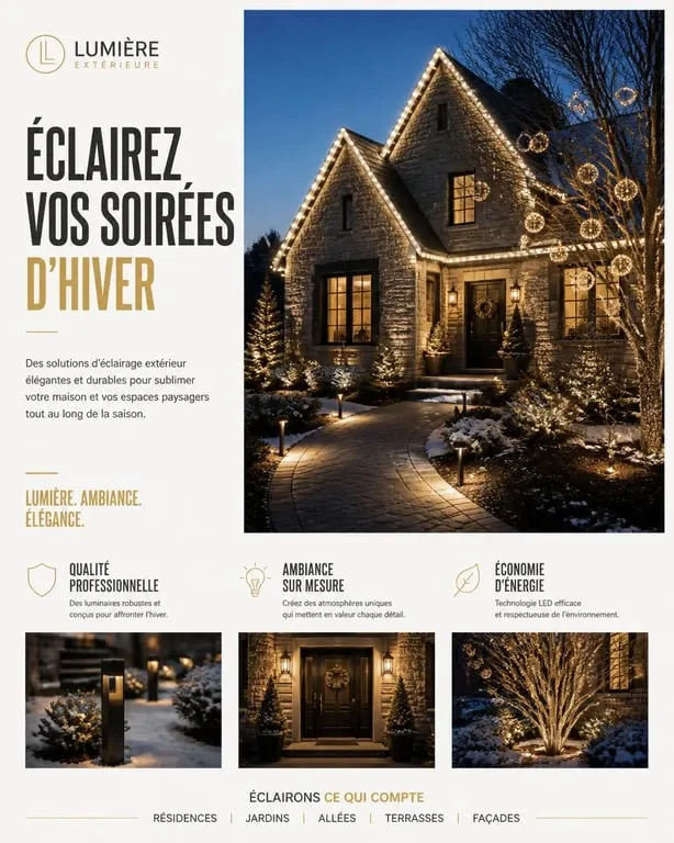 Décoration de Noël extérieure élégante avec éclairage LED sur une façade de maison et un jardin illuminé