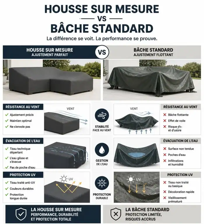 Infographie comparative : housse salon de jardin sur mesure vs bâche standard pour une protection optimale.