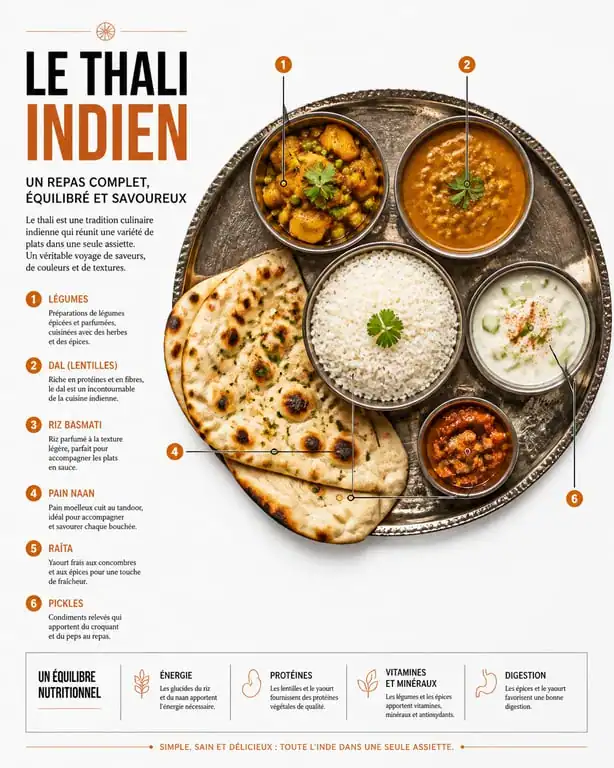Repas indien traditionnel servi sur un plateau Thali avec currys, riz et naan